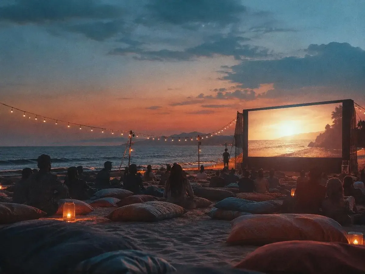 海边放映：沙滩上支起幕布，人们坐在沙地上观影的夜景